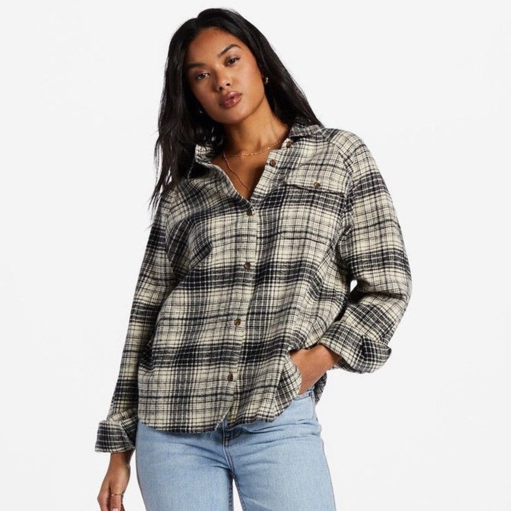 Billabong Best Time Oversized Plaid Flannel Shirt Medium Black White Grunge